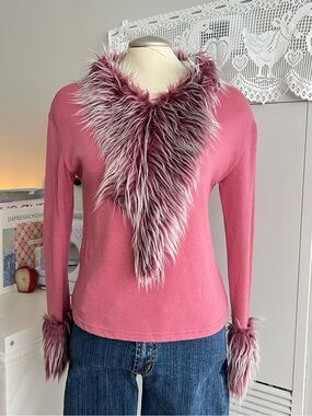 Pink long sleeve top with white & pink faux fur trim on collar and cuffs